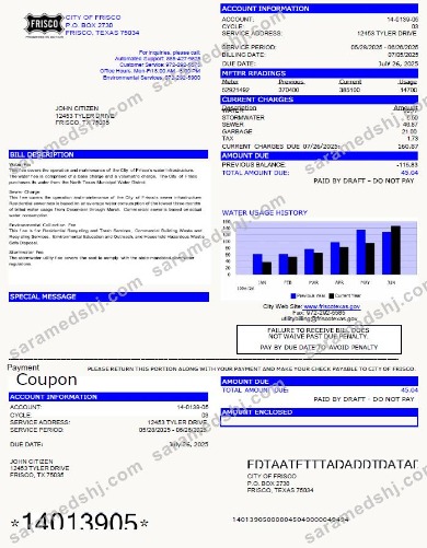 USA City of Frisco utility bill template in Word and PDF formats